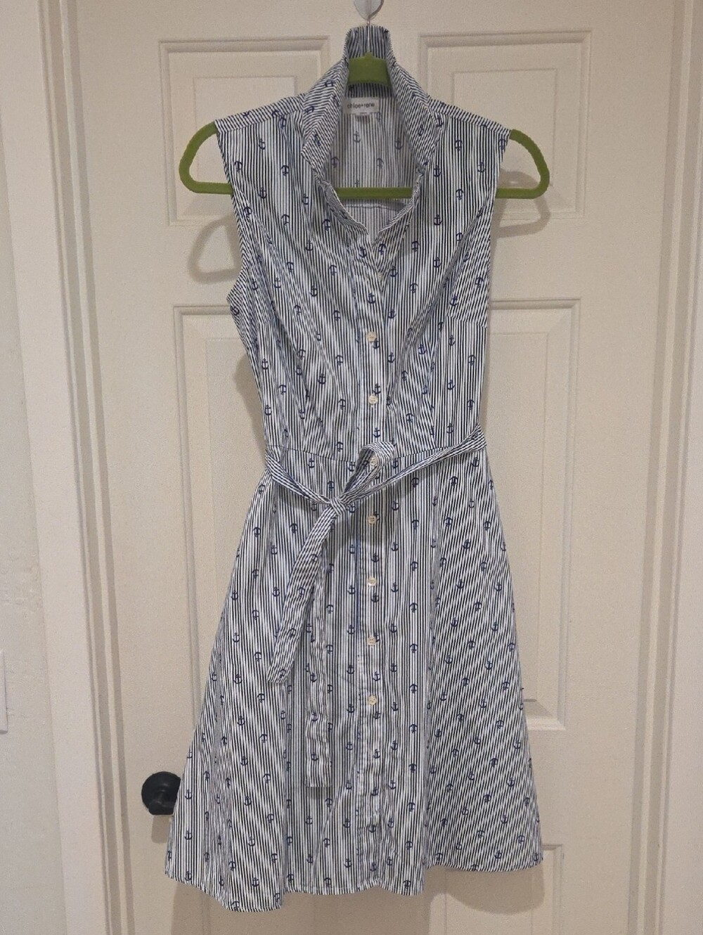 Classic Sleeveless Blue-Striped Shirt Dress with Belt
